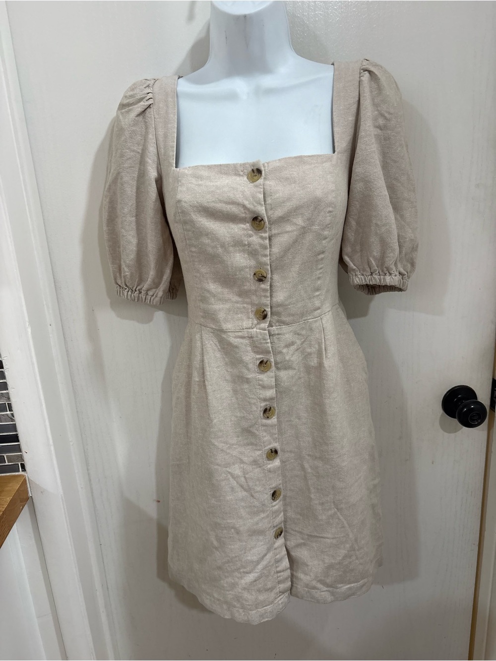 Neutral Square Neck Button-Front Puff Sleeve cottagecore simple casual Dress